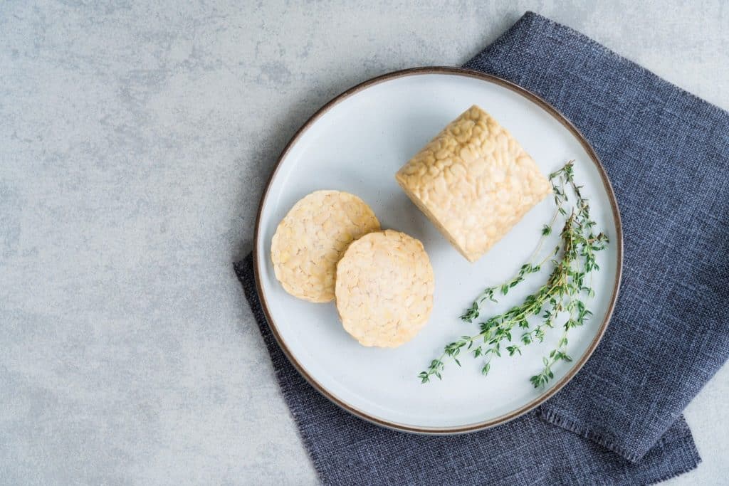 Fresh tempeh on a plate with herbs