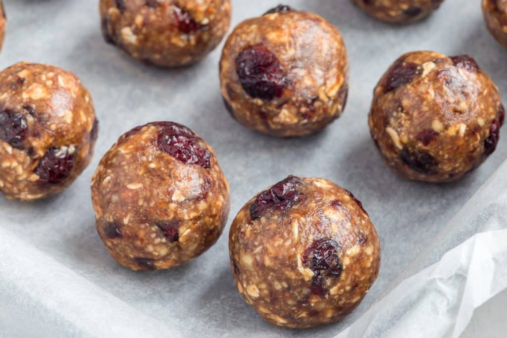 Cranberry protein energy balls recipe on tray