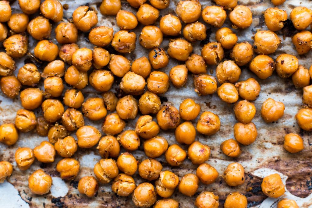 Hot roasted chickpeas snack on baking sheet